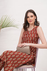 Elegant Sleeveless Cotton Kurta with Authentic Ajrak Print Paired with Tailored Pants - Ideal for Summer and Festive Occasions
